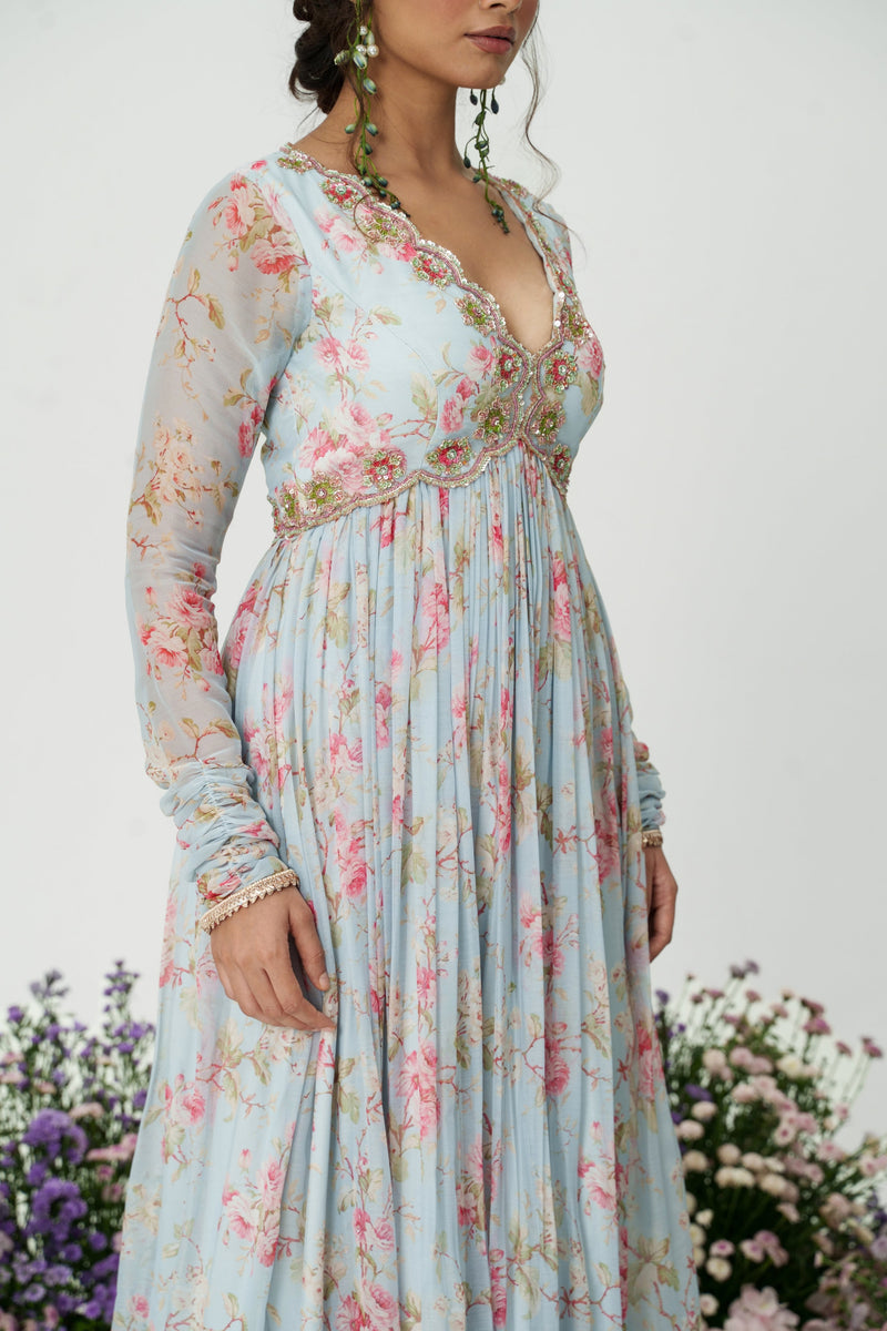 Floret-ice Blue Embroidered Anarkali Set