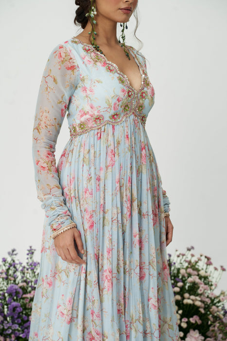 Floret-ice Blue Embroidered Anarkali Set