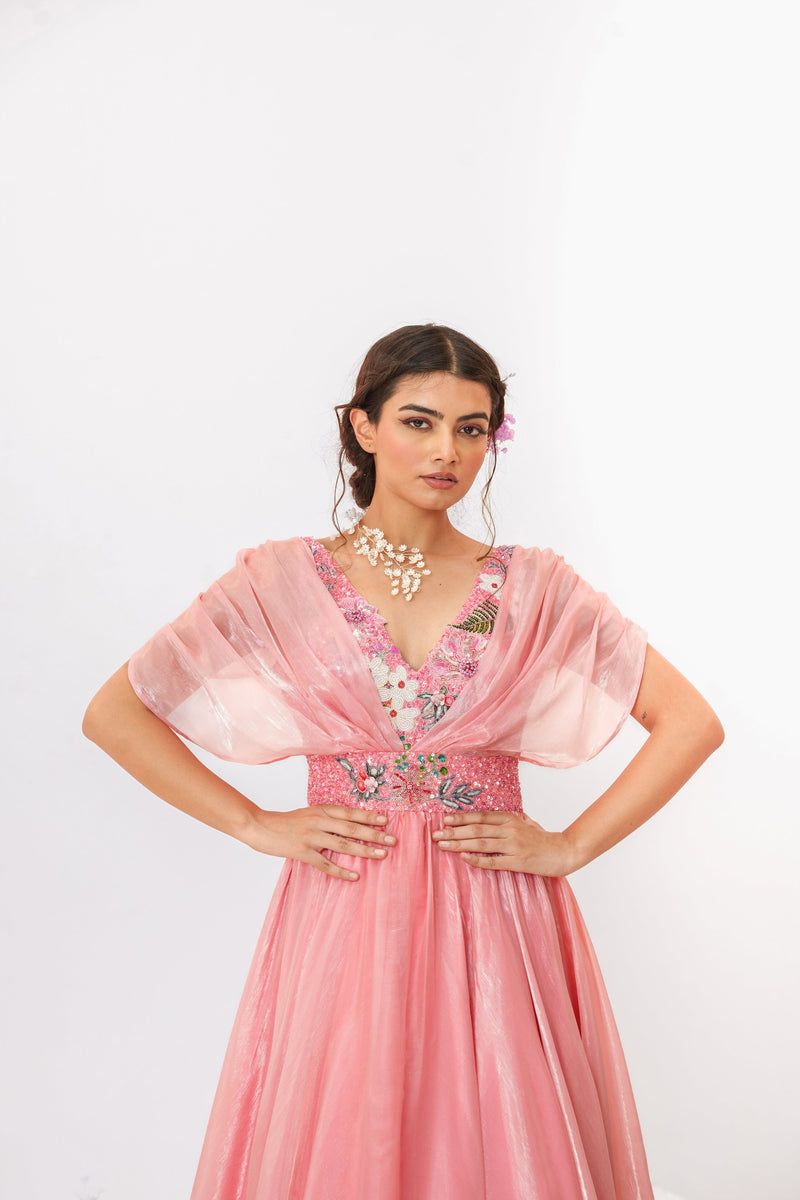 Cascade - Flamingo Pink Metallic Organza Dress