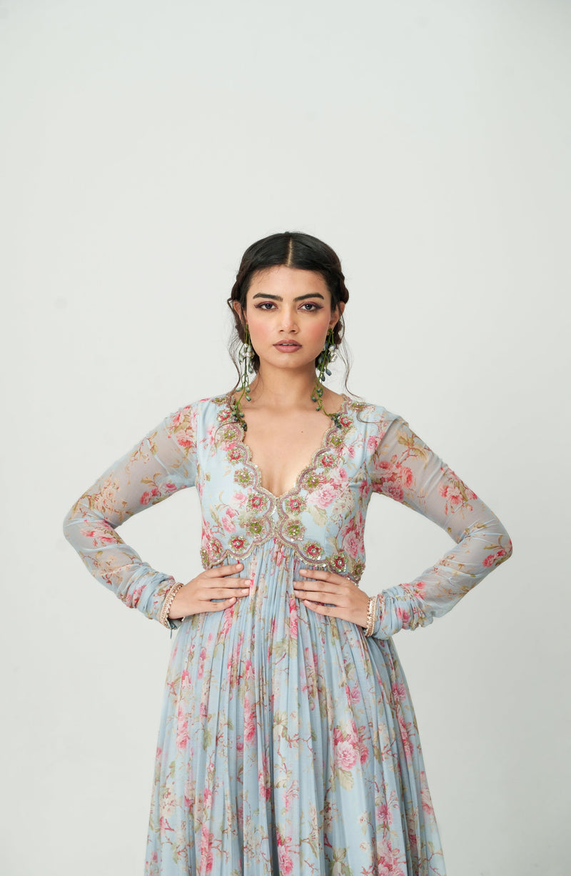 Floret-ice Blue Embroidered Anarkali Set