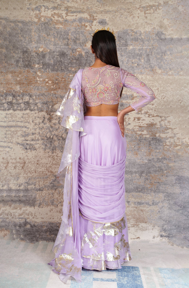 DÃ©jouer-Nakshatra lilac foil print pre - draped saree