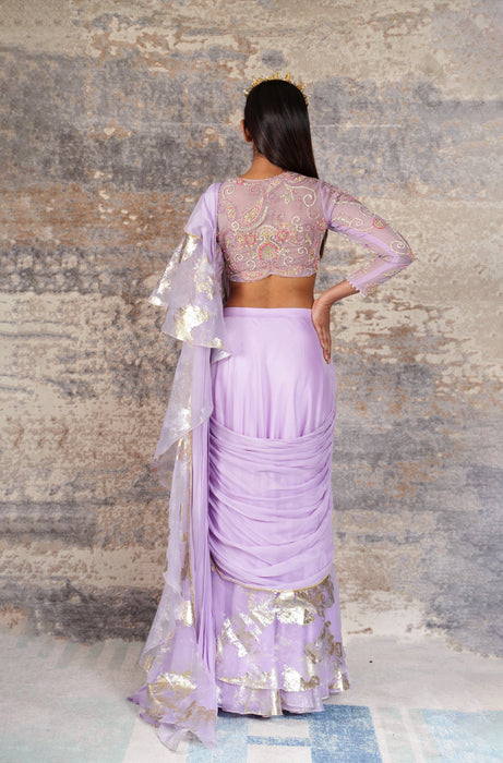 DÃ©jouer-Nakshatra lilac foil print pre - draped saree