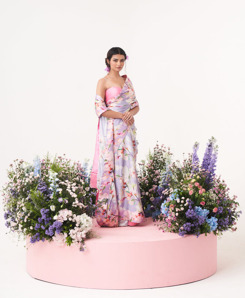 Lilium -Nakshatra Lilac Saree With Baby Pink Spaghetti Blouse