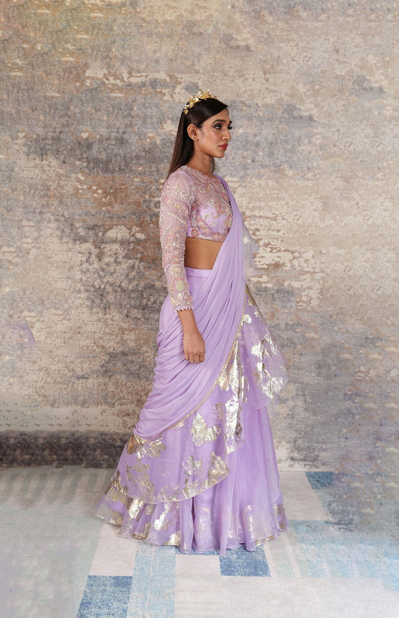 DÃ©jouer-Nakshatra lilac foil print pre - draped saree