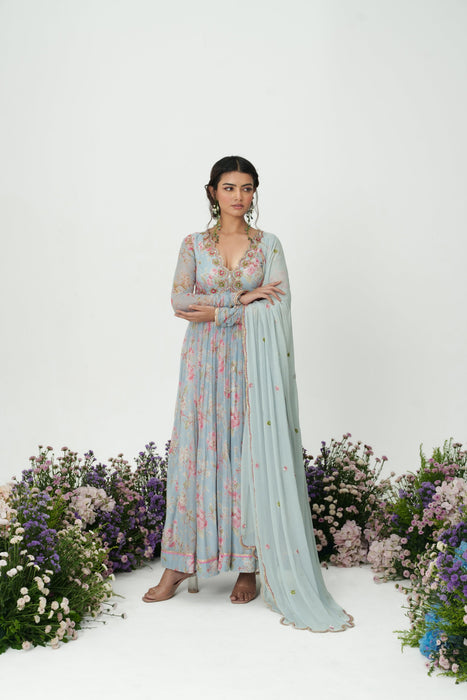 Floret-ice Blue Embroidered Anarkali Set