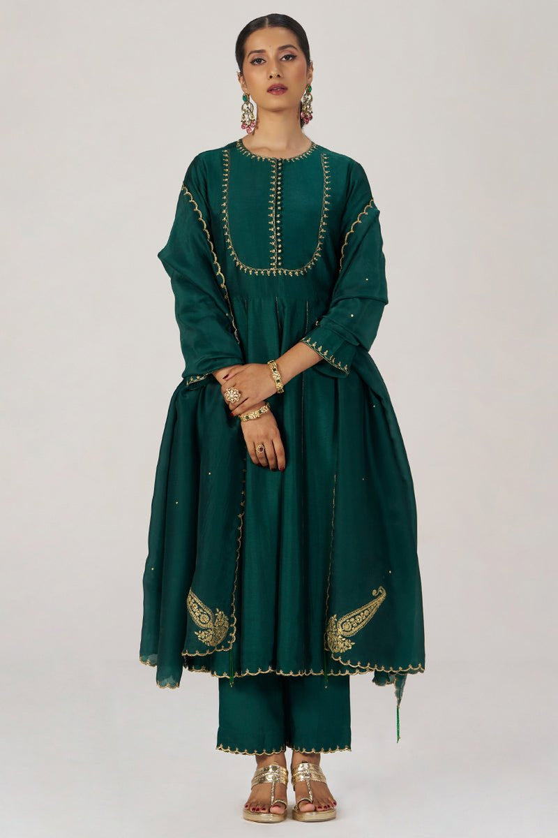 Emerald Green Raw Silk Festive Kurta Set