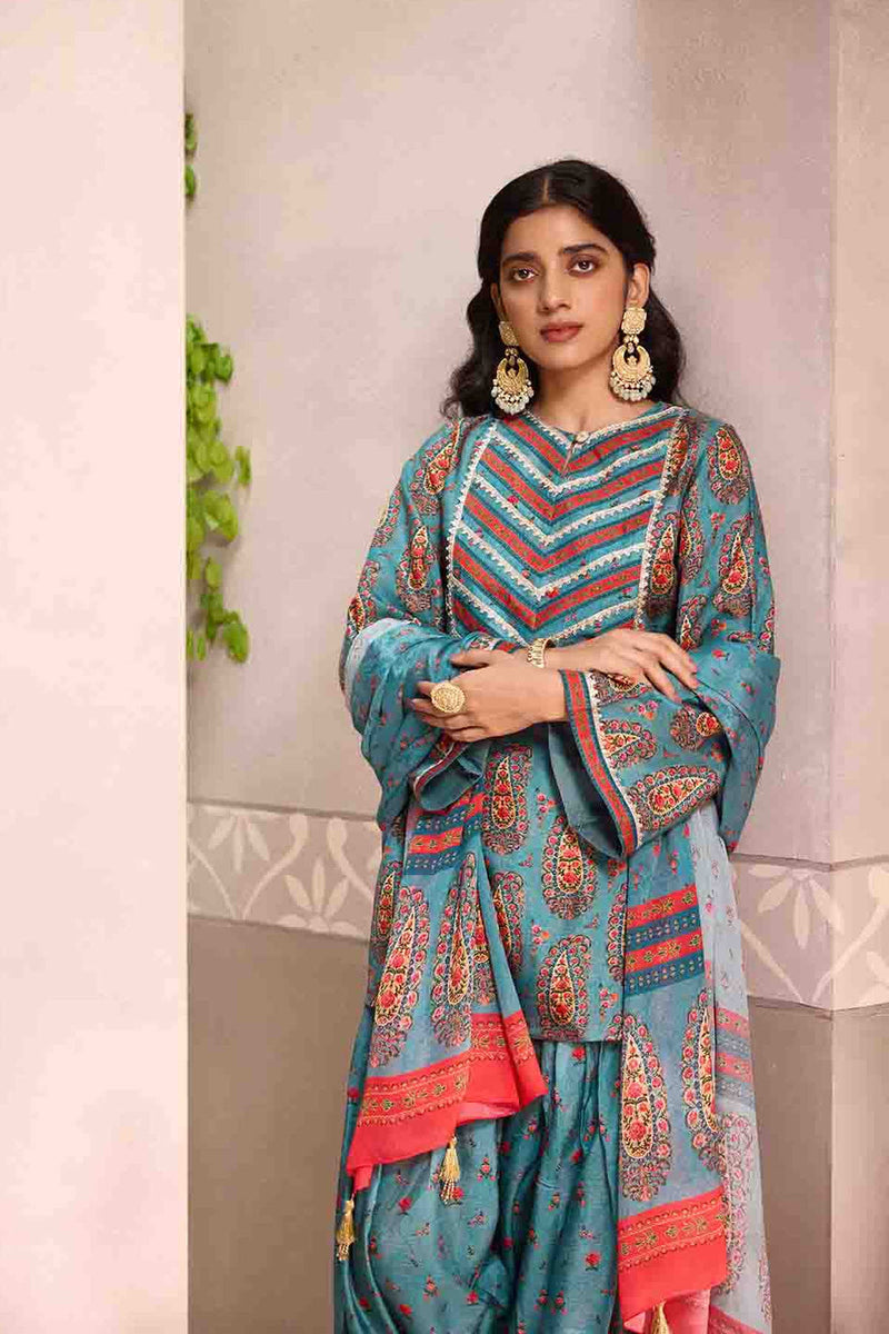 Blue Printed Dola Silk Co-Ord With Dupatta