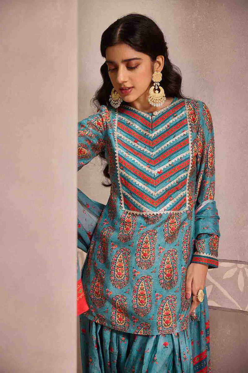 Blue Printed Dola Silk Co-Ord With Dupatta