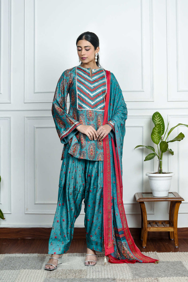 Blue Printed Dola Silk Co-Ord With Dupatta