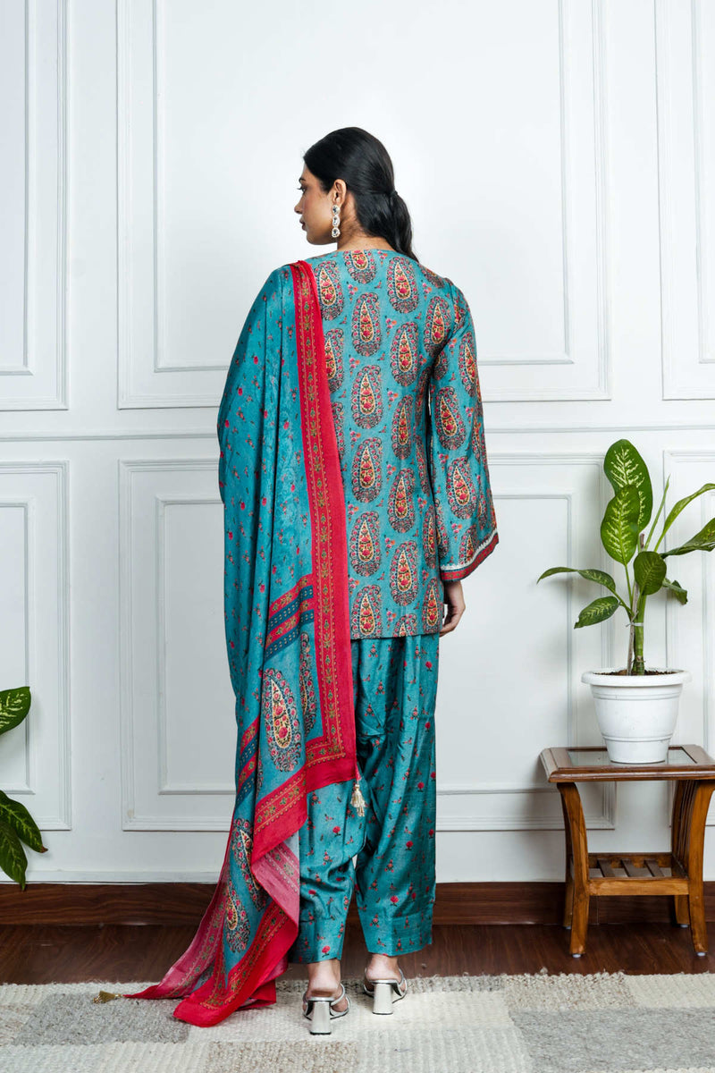 Blue Printed Dola Silk Co-Ord With Dupatta