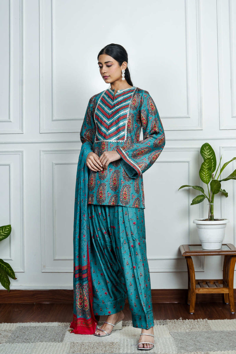 Blue Printed Dola Silk Co-Ord With Dupatta