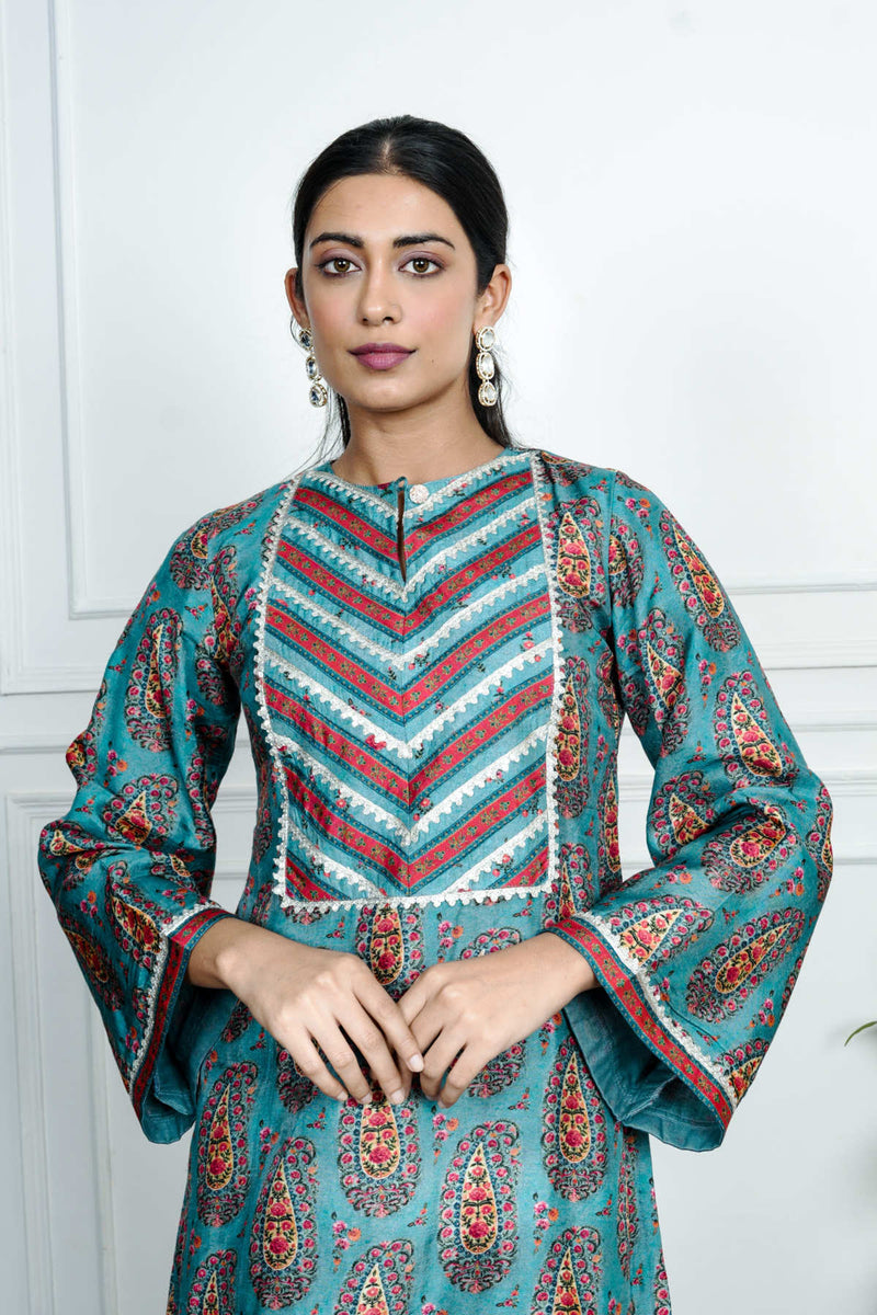Blue Printed Dola Silk Co-Ord With Dupatta