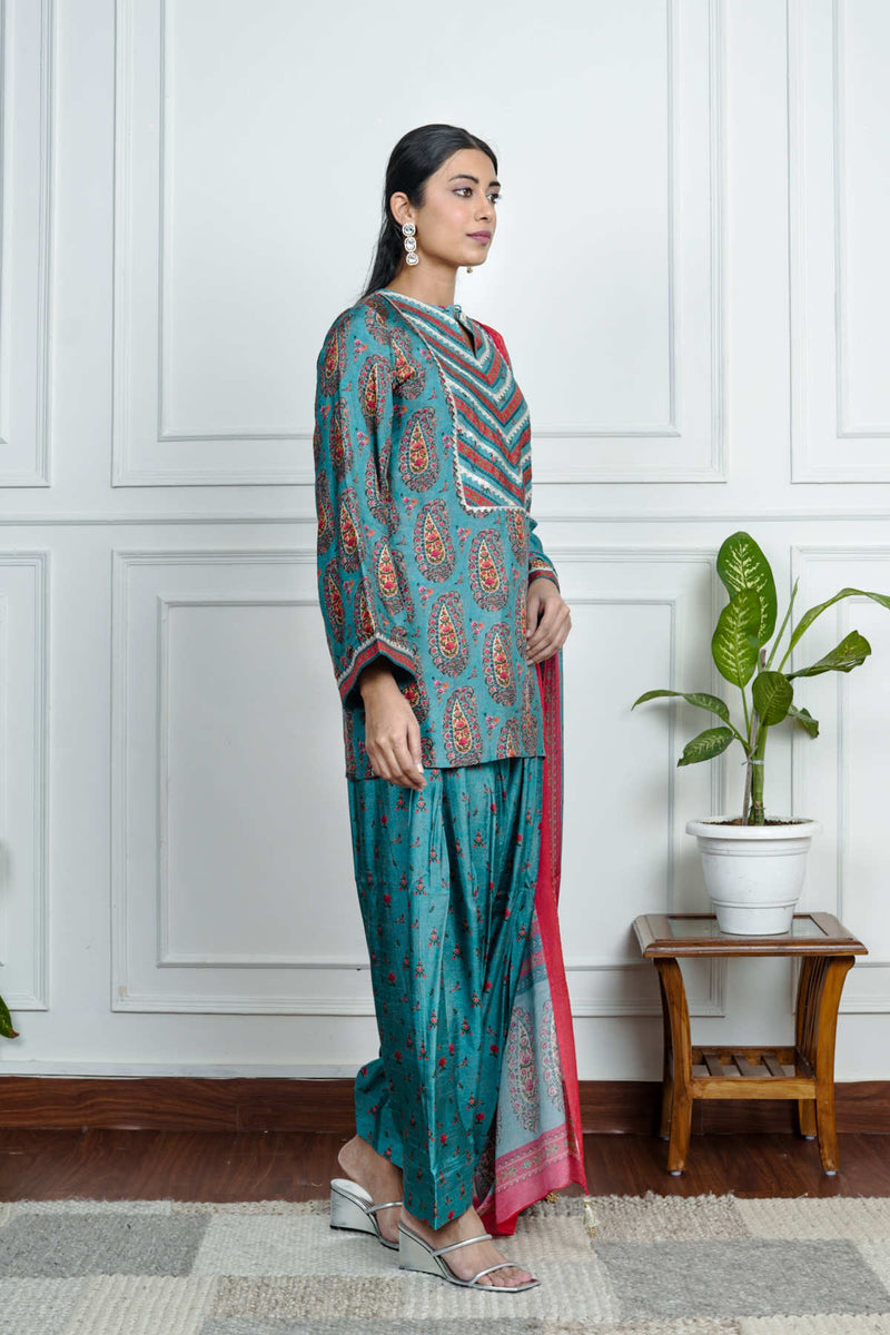Blue Printed Dola Silk Co-Ord With Dupatta