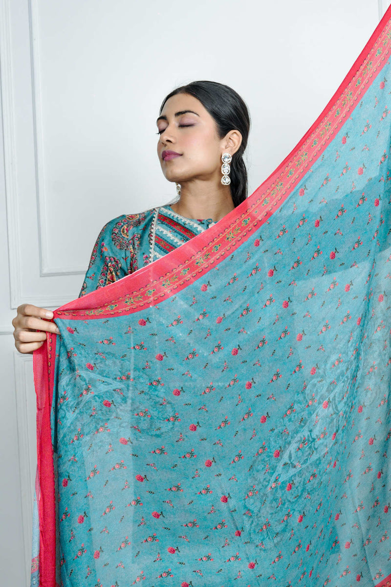 Blue Printed Dola Silk Co-Ord With Dupatta