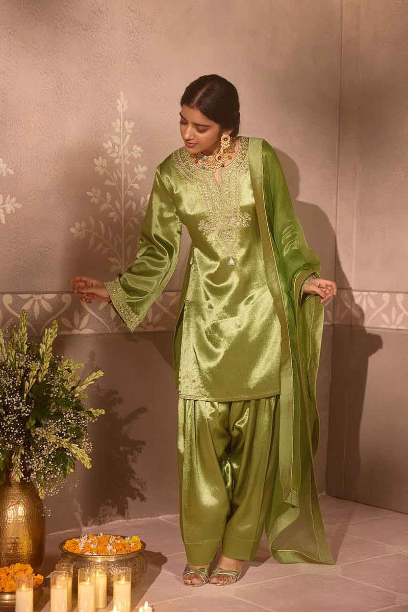 Pastel  Green Gajji Silk Farsi Salwar 3-Piece Set