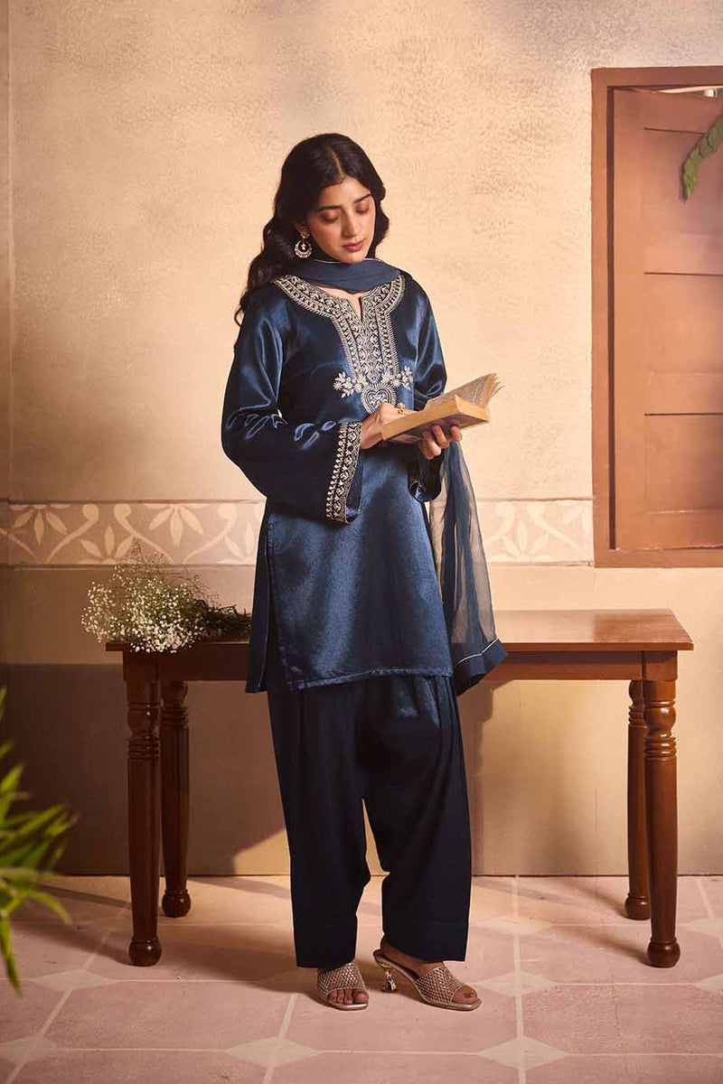 Petrol Blue Gajji Silk Farsi Salwar 3-Piece Set
