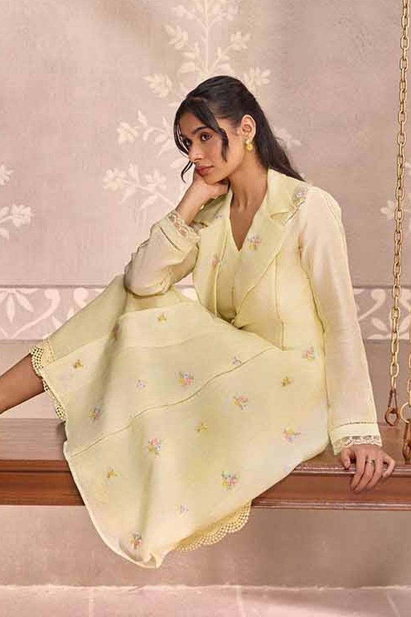 Yellow Chanderi Long  Jacket  with  Sleeveless Cotton Dress