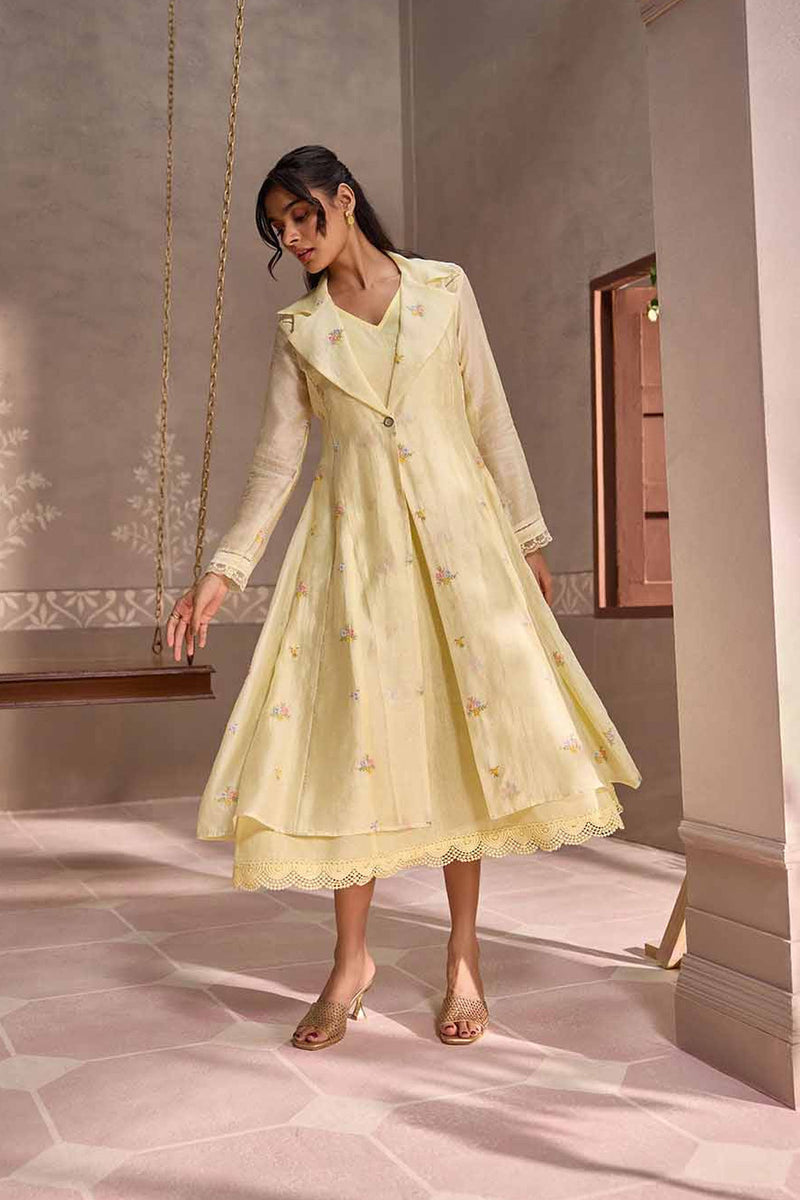 Yellow Chanderi Long  Jacket  with  Sleeveless Cotton Dress
