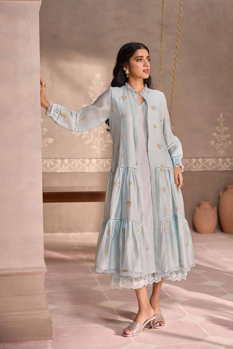 Powder Blue Chanderi Lace Layered Long Open Jacket with Cotton Sleeveless  Dress