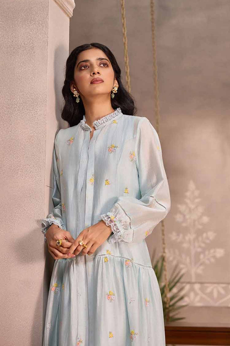 Powder Blue Chanderi Lace Layered Long Open Jacket with Cotton Sleeveless  Dress