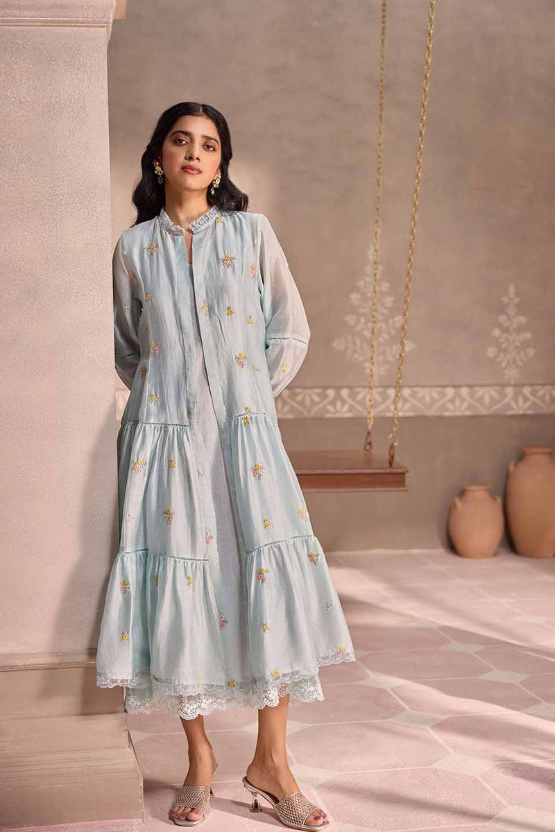 Powder Blue Chanderi Lace Layered Long Open Jacket with Cotton Sleeveless  Dress