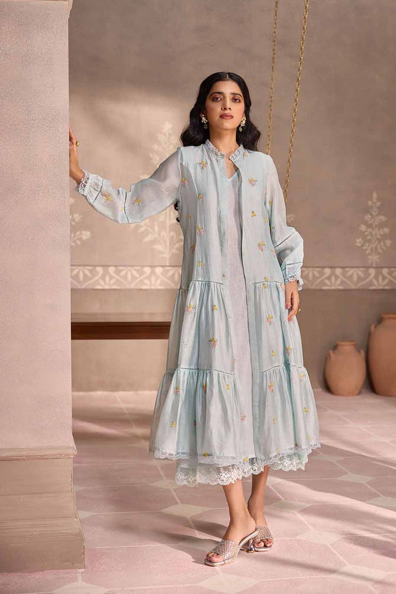 Powder Blue Chanderi Lace Layered Long Open Jacket with Cotton Sleeveless  Dress