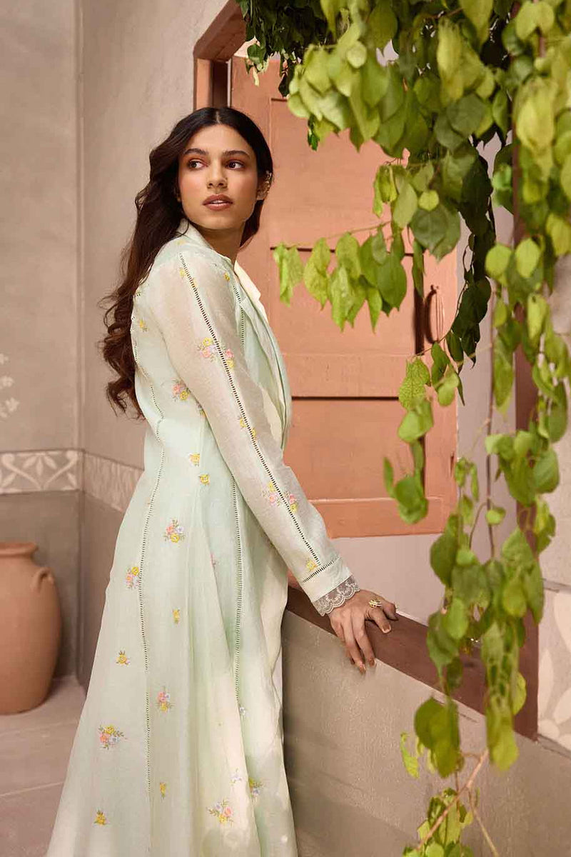 Mint Green Chanderi Long Jacket with Sleeveless Cotton Dress