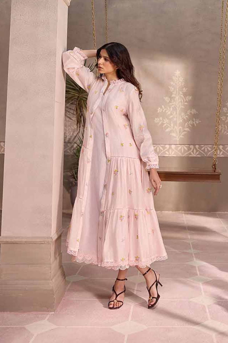 Pastel pink  Chanderi Lace Layered Long Open Jacket with Cotton Sleeveless  Dress