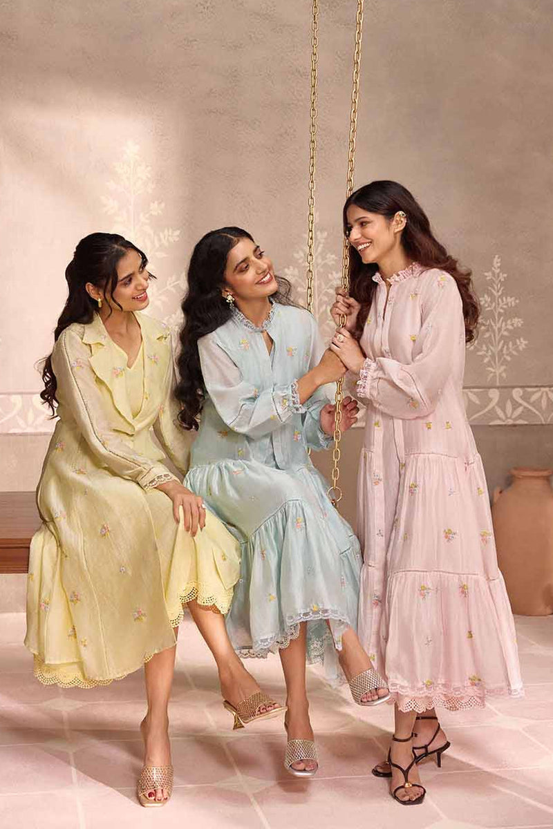 Pastel pink  Chanderi Lace Layered Long Open Jacket with Cotton Sleeveless  Dress