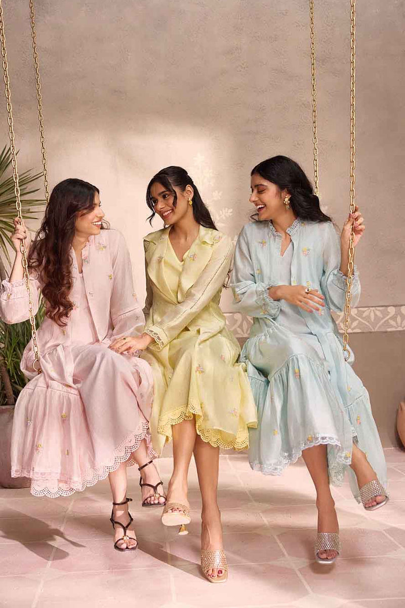 Pastel pink  Chanderi Lace Layered Long Open Jacket with Cotton Sleeveless  Dress