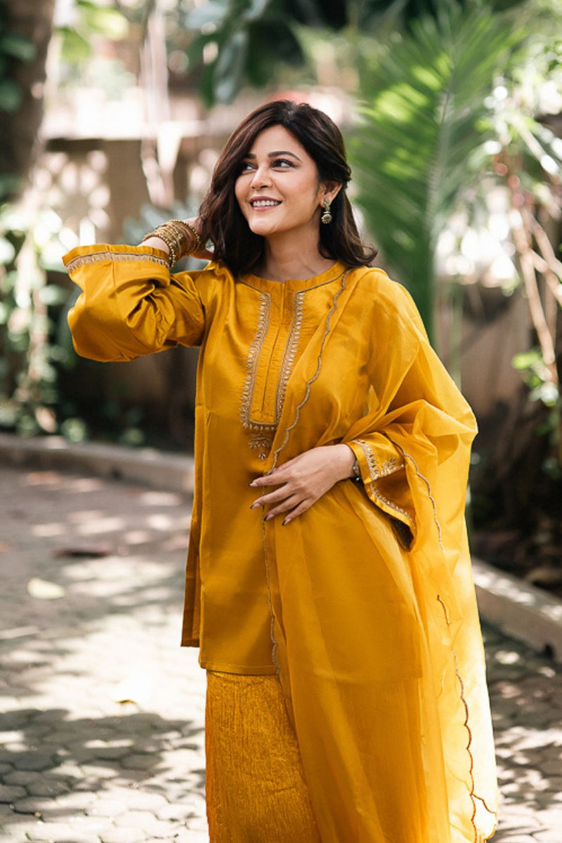 Mustered Yellow Gajji Silk Embroidered Sharara Set with Elasticated Waist Pant and Dupatta