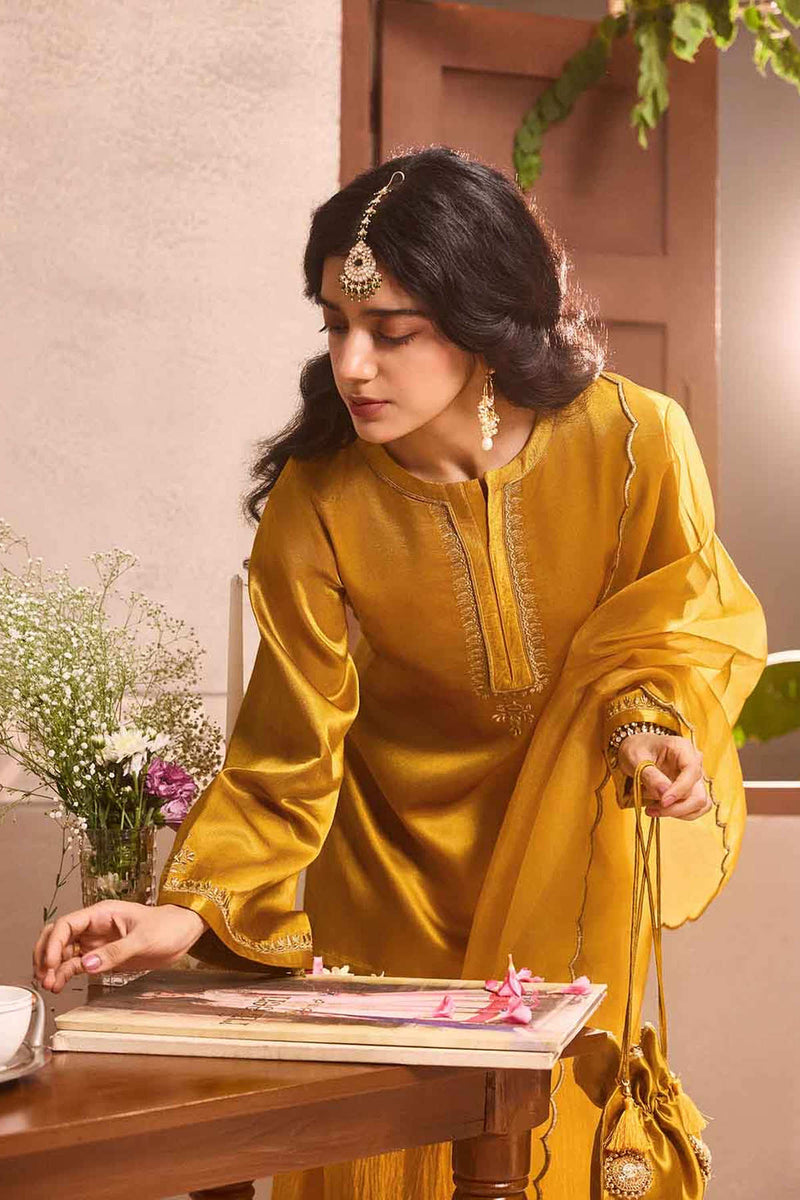 Mustered Yellow Gajji Silk Embroidered Sharara Set with Elasticated Waist Pant and Dupatta
