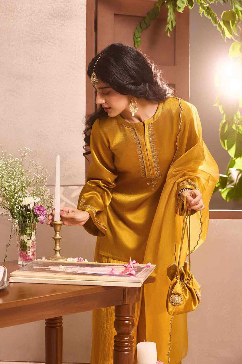 Mustered Yellow Gajji Silk Embroidered Sharara Set with Elasticated Waist Pant and Dupatta