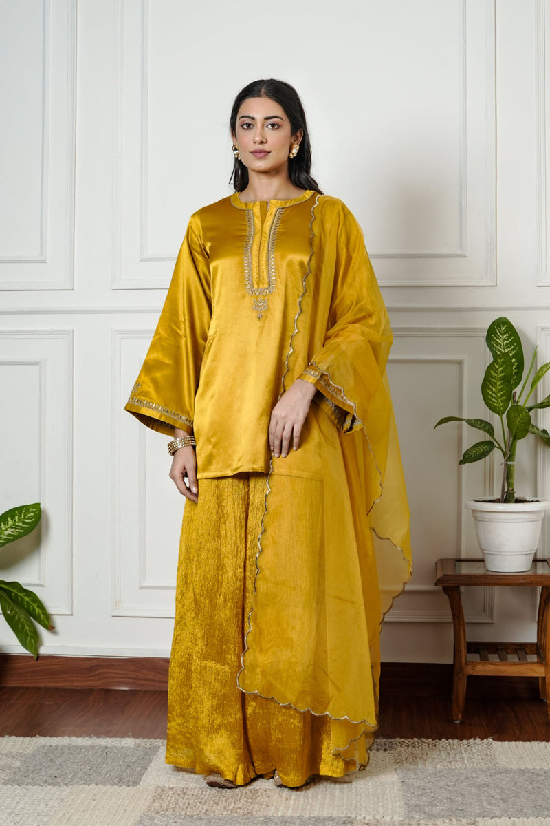 Mustered Yellow Gajji Silk Embroidered Sharara Set with Elasticated Waist Pant and Dupatta