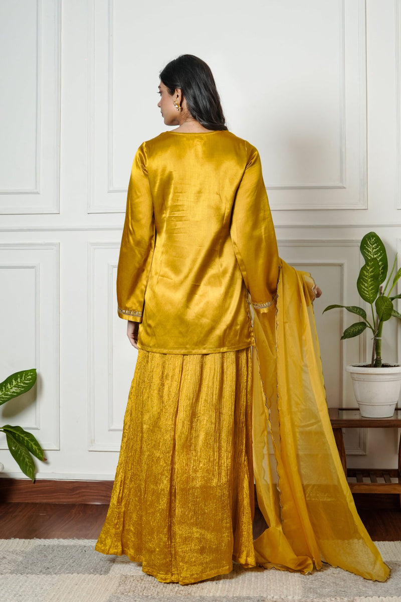 Mustered Yellow Gajji Silk Embroidered Sharara Set with Elasticated Waist Pant and Dupatta