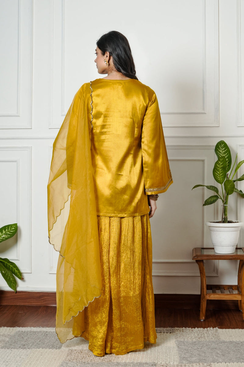Mustered Yellow Gajji Silk Embroidered Sharara Set with Elasticated Waist Pant and Dupatta