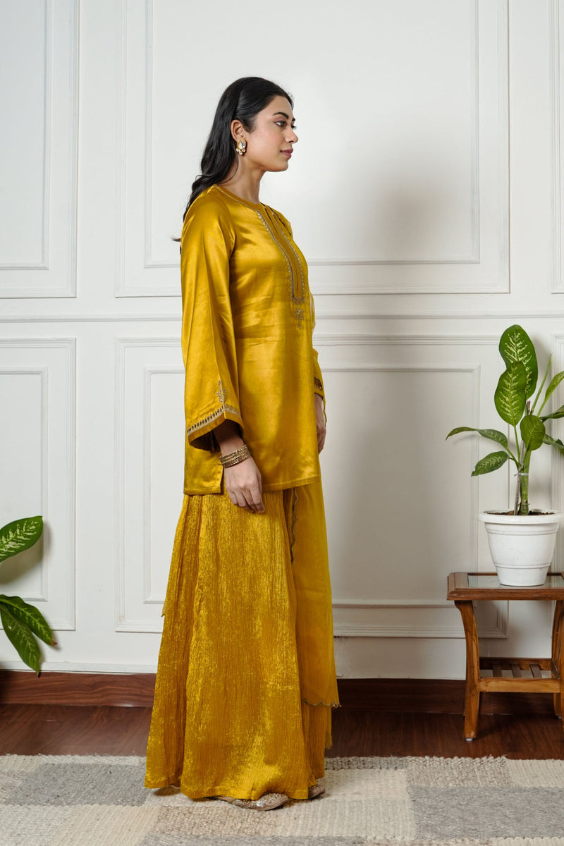 Mustered Yellow Gajji Silk Embroidered Sharara Set with Elasticated Waist Pant and Dupatta