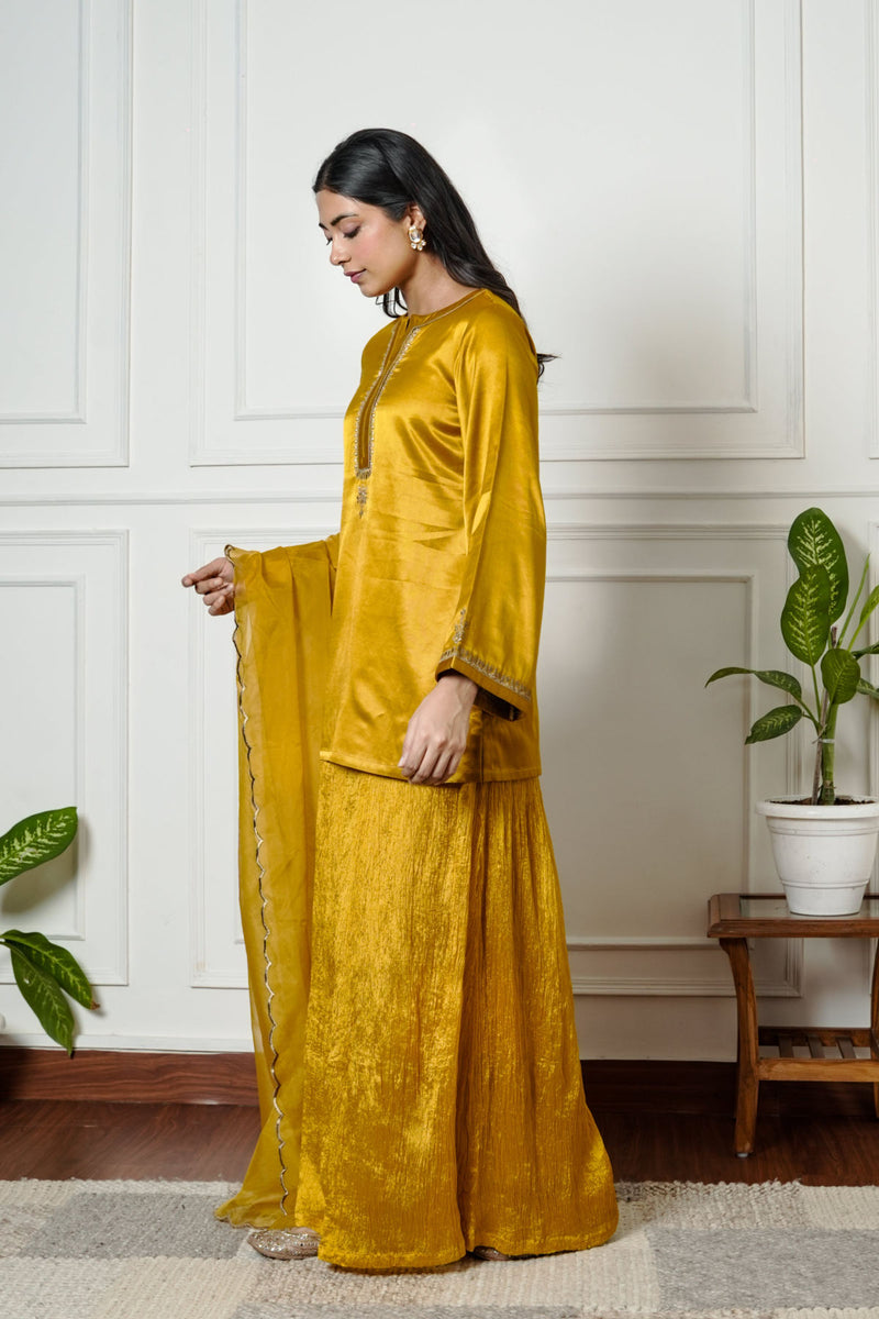 Mustered Yellow Gajji Silk Embroidered Sharara Set with Elasticated Waist Pant and Dupatta