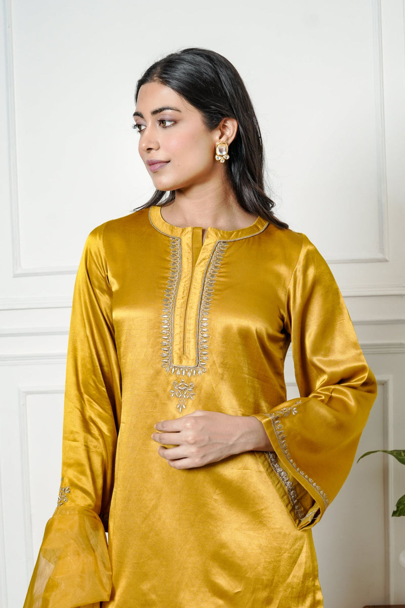 Mustered Yellow Gajji Silk Embroidered Sharara Set with Elasticated Waist Pant and Dupatta