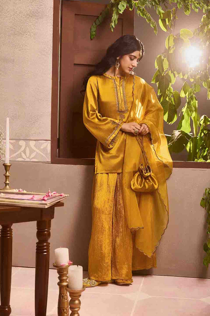 Mustered Yellow Gajji Silk Embroidered Sharara Set with Elasticated Waist Pant and Dupatta