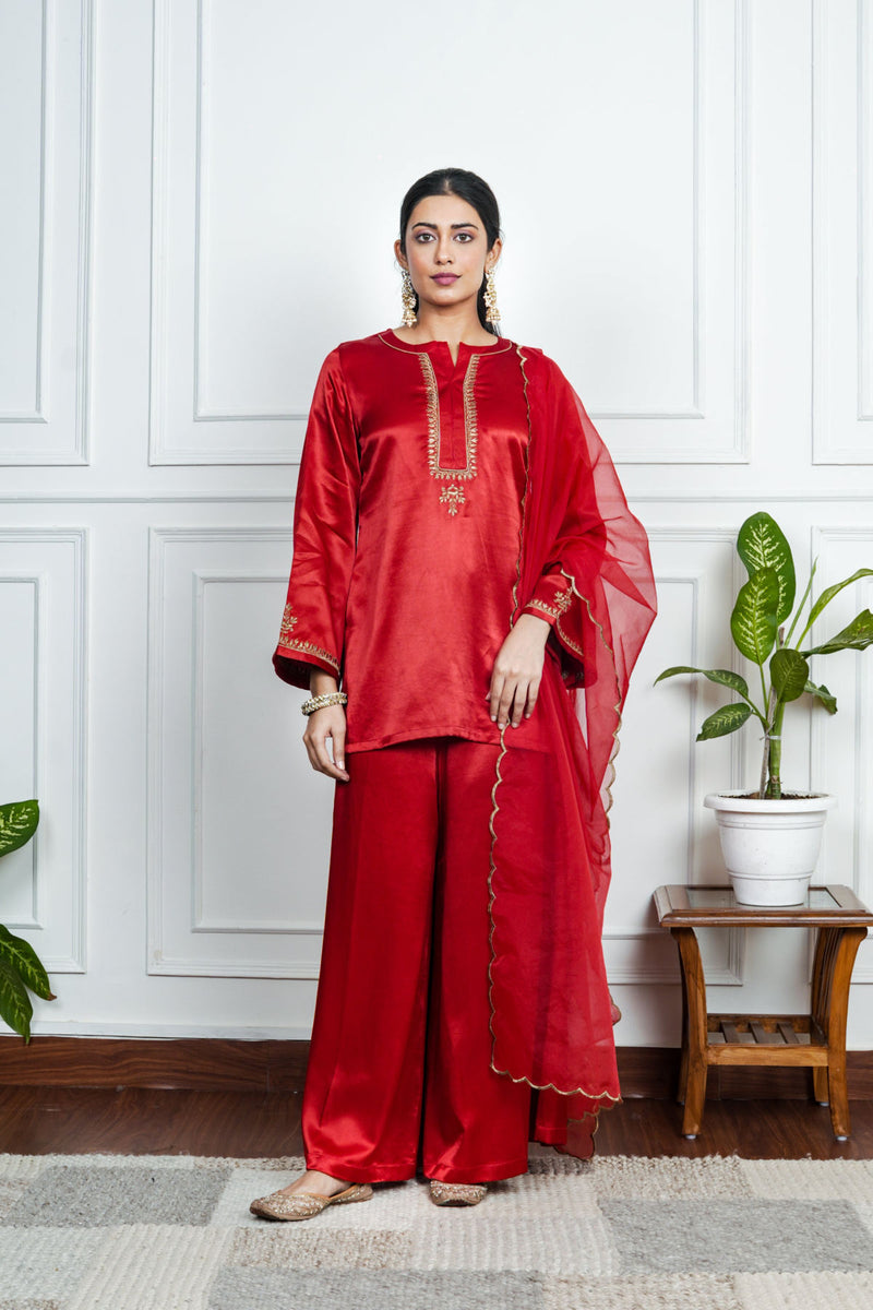 Red Gajji silk Embroiderd sharara set with elasticated waist pant and dupatta
