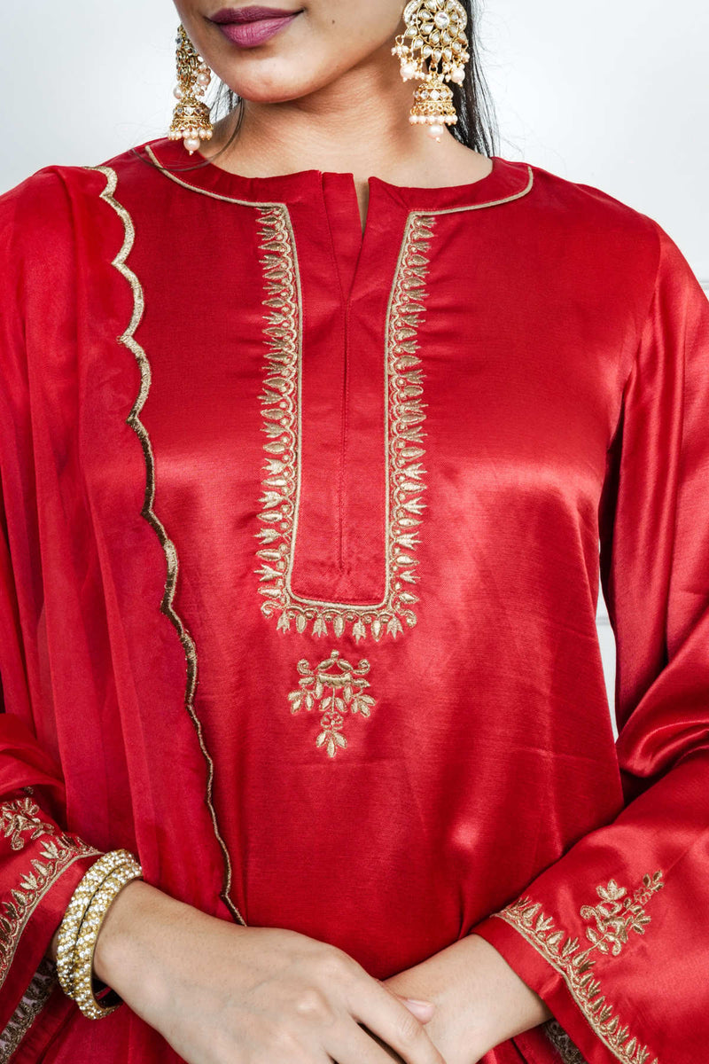 Red Gajji silk Embroiderd sharara set with elasticated waist pant and dupatta