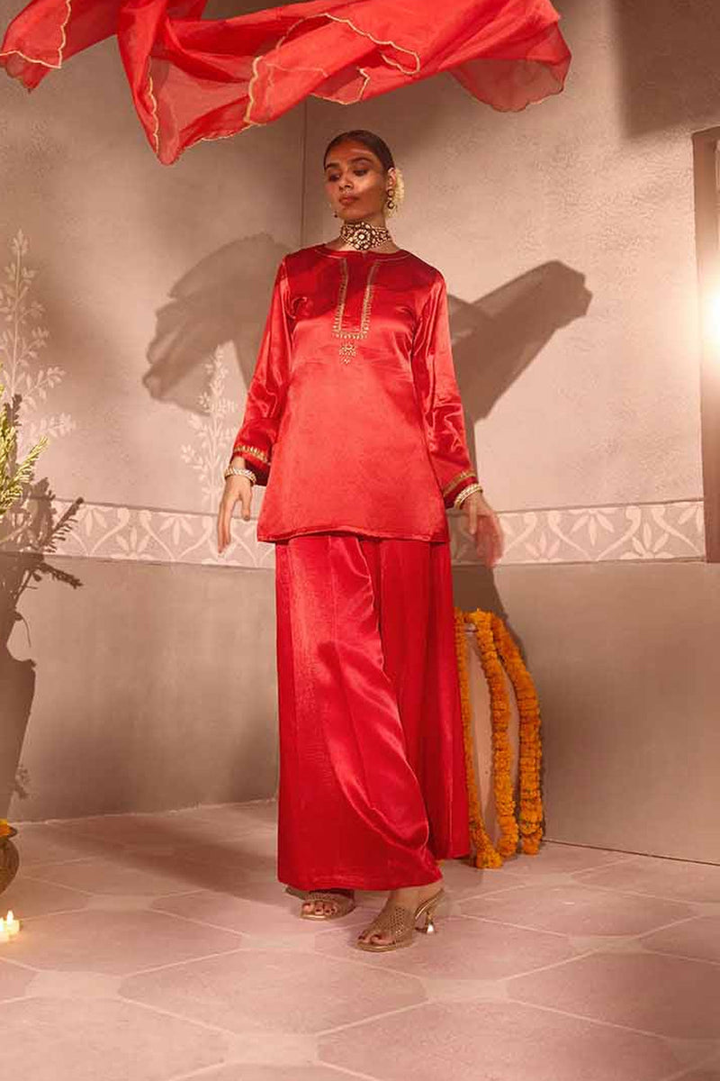 Red Gajji silk Embroiderd sharara set with elasticated waist pant and dupatta