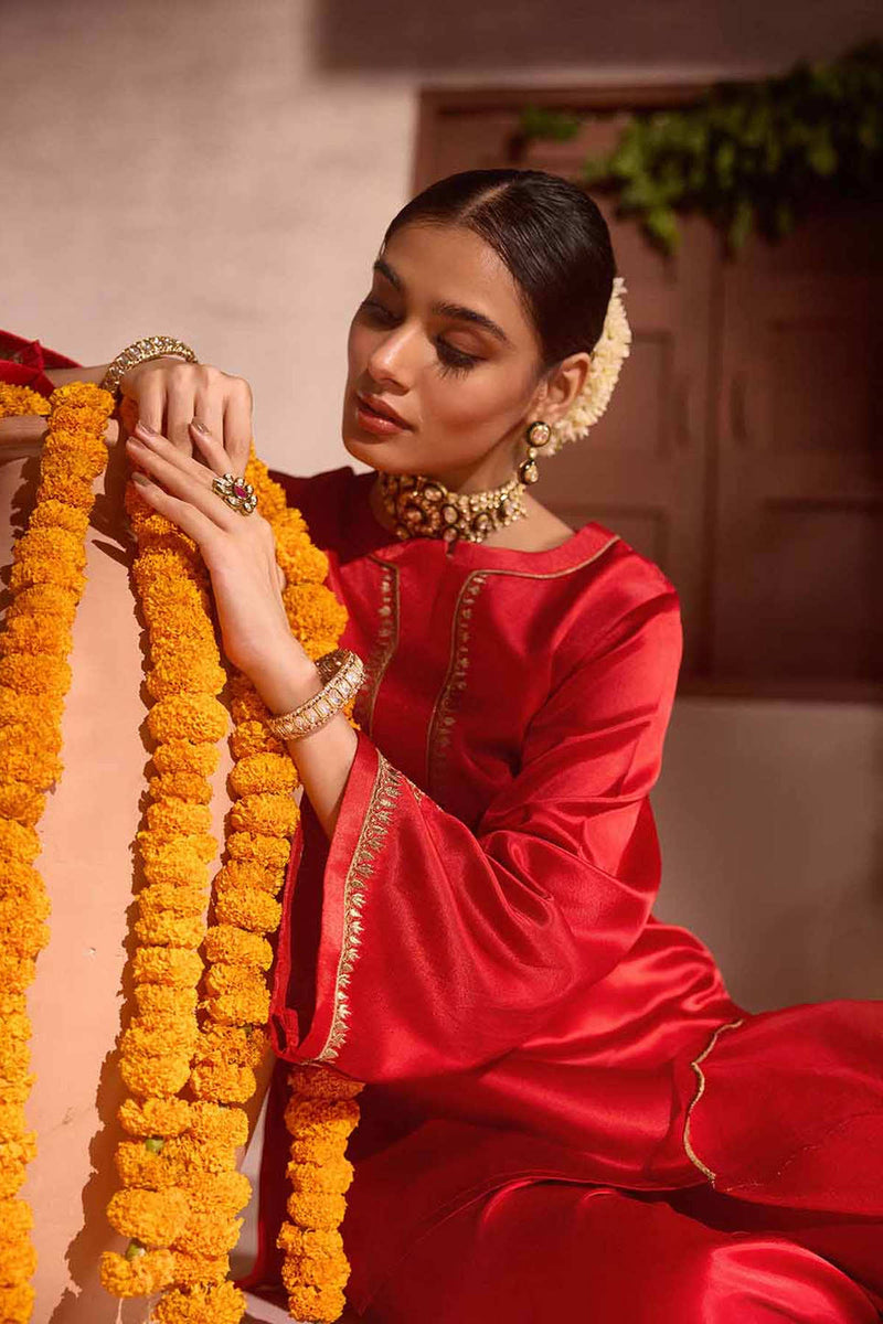 Red Gajji silk Embroiderd sharara set with elasticated waist pant and dupatta
