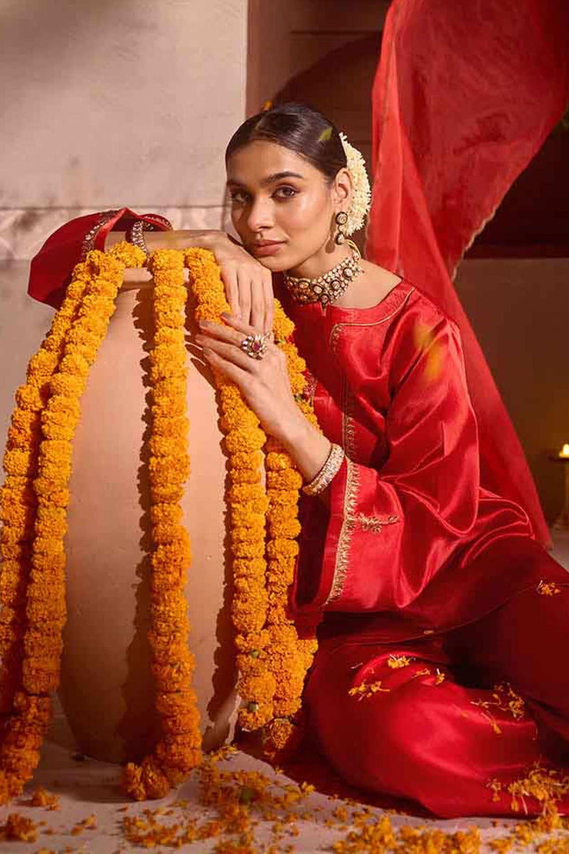 Red Gajji silk Embroiderd sharara set with elasticated waist pant and dupatta