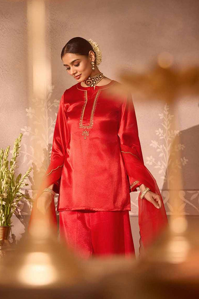 Red Gajji silk Embroiderd sharara set with elasticated waist pant and dupatta