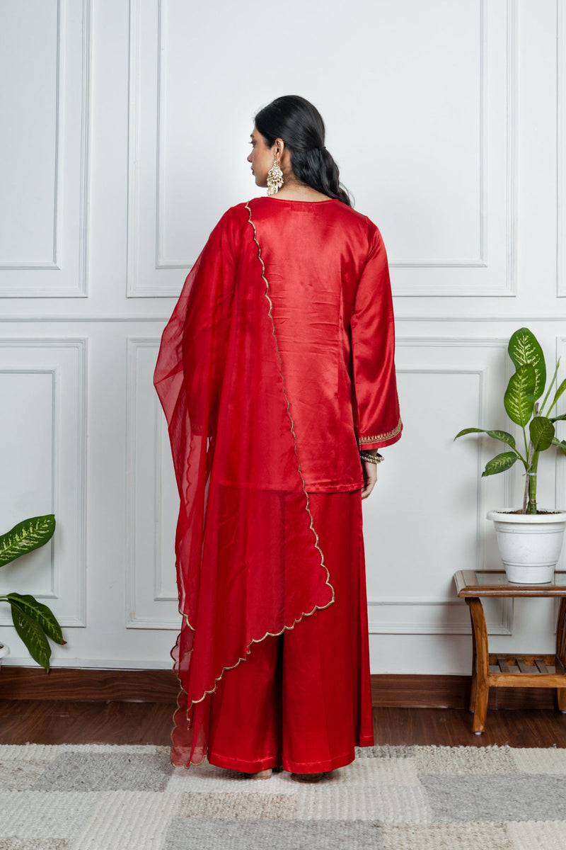 Red Gajji silk Embroiderd sharara set with elasticated waist pant and dupatta
