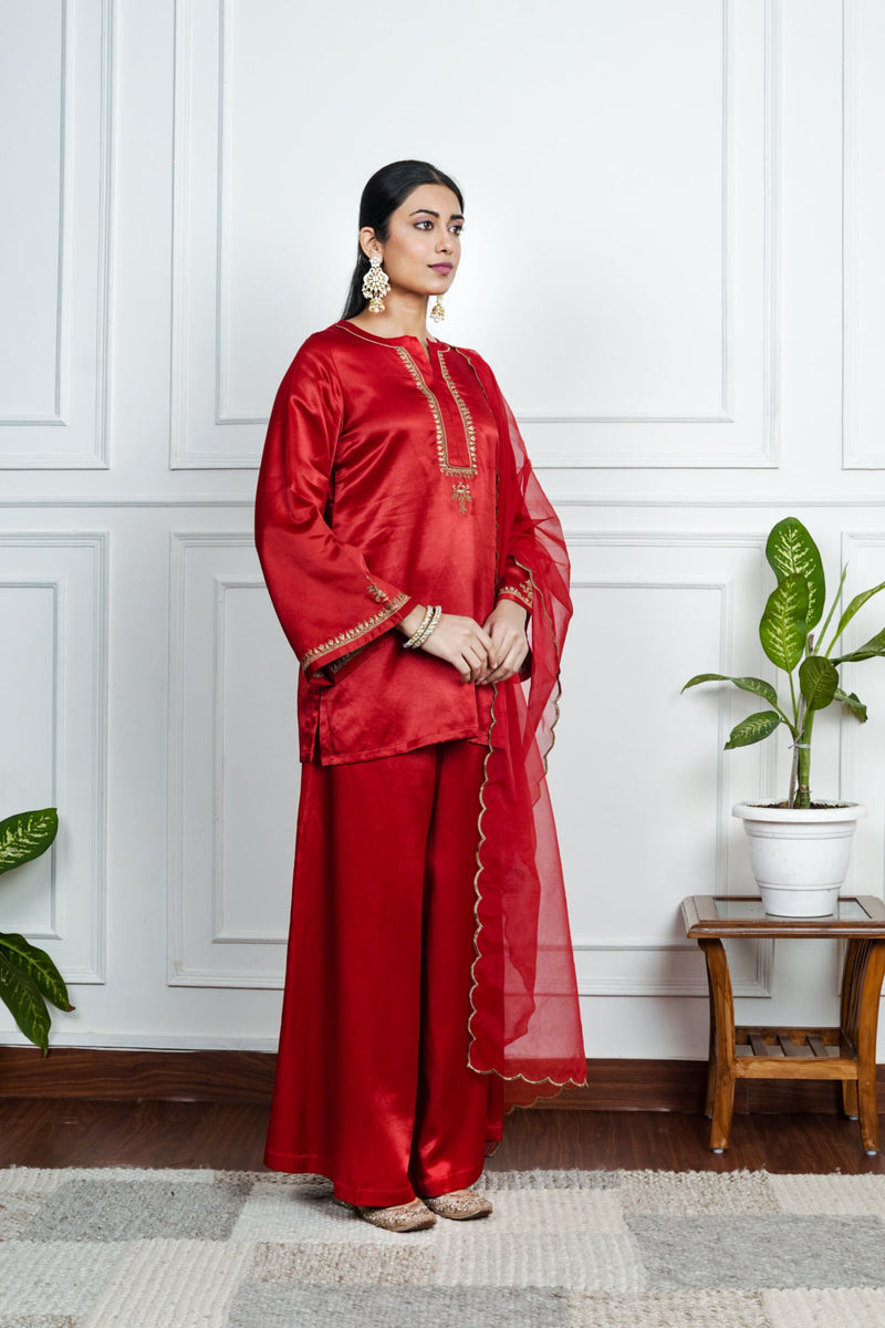 Red Gajji silk Embroiderd sharara set with elasticated waist pant and dupatta
