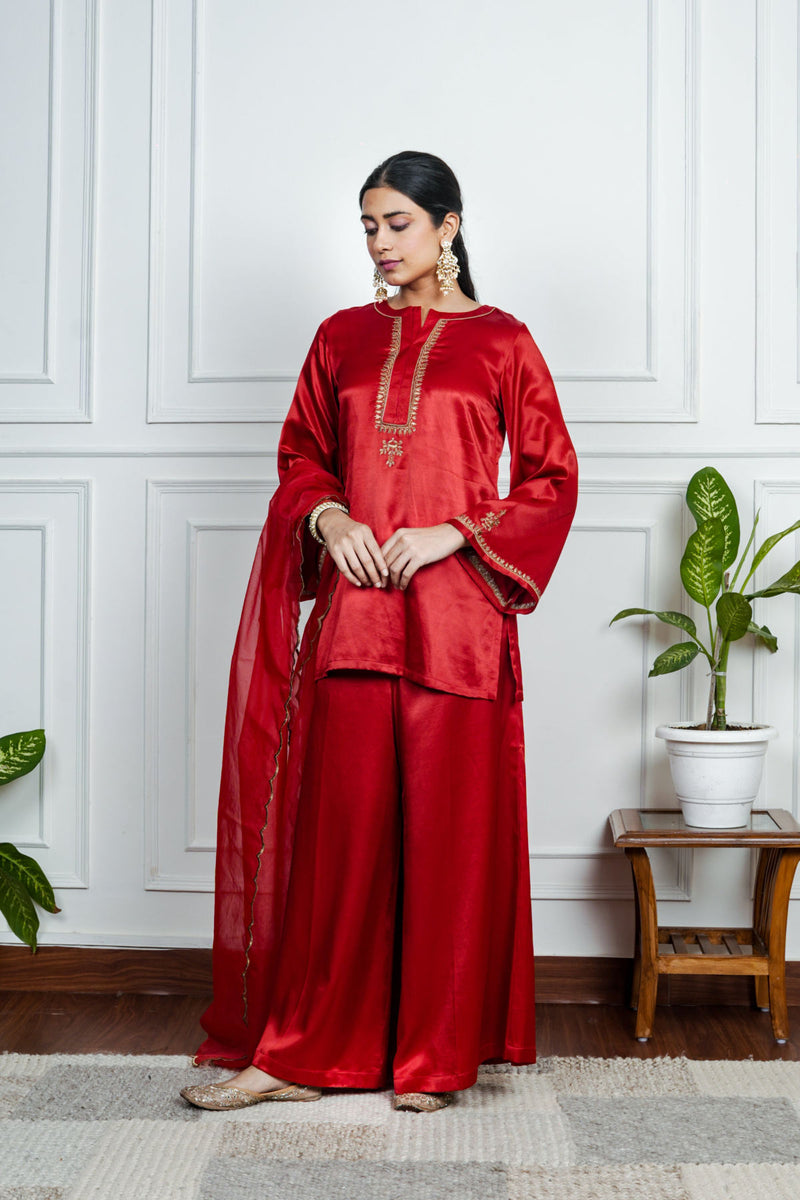 Red Gajji silk Embroiderd sharara set with elasticated waist pant and dupatta
