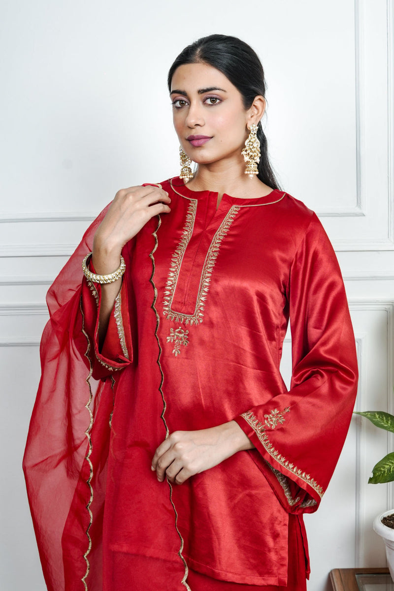 Red Gajji silk Embroiderd sharara set with elasticated waist pant and dupatta